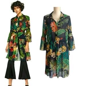 Zara Basic Tropical Floral Sheer Button Shirt Tunic/Dress Chiffon Cover Up Sz S